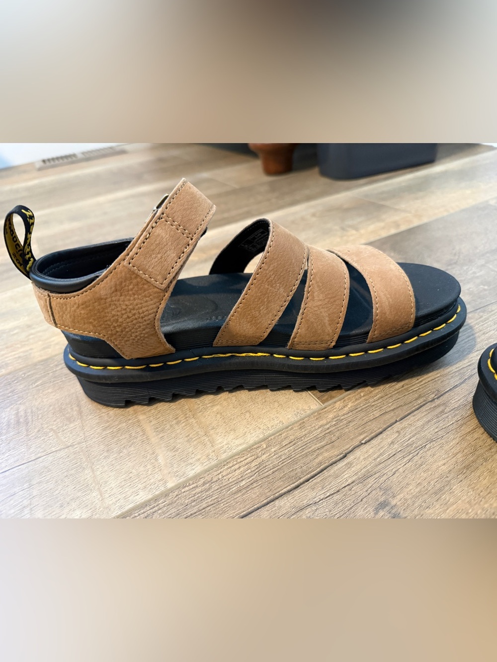 Dr. Martens Tan Suede Multi-Strap Sandals with Yellow Stitching, Size 10 - Picture 3 of 7